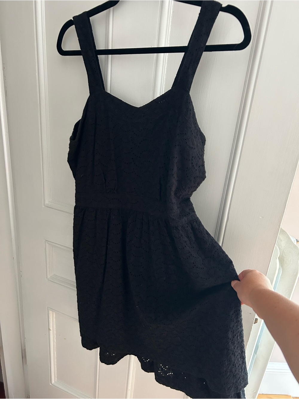 Madras black cotton eyelet ruffle bottom back button up dress
